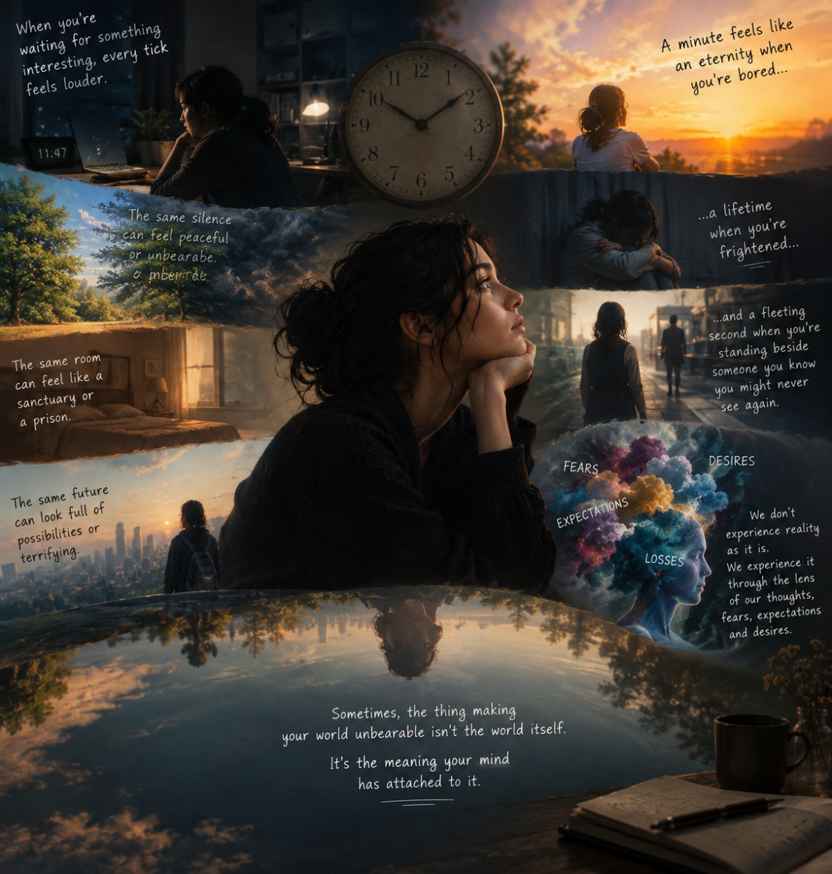 A surreal, cinematic artwork depicting how the human mind shapes reality. A contemplative woman sits at the center, surrounded by clocks, contrasting landscapes, moments of loneliness and connection, and a colorful cloud representing fears, desires, expectations, and losses. Warm sunsets blend with dark shadows, symbolizing how the same reality can feel peaceful or unbearable depending on our perspective. The image conveys the message: “Sometimes, the thing making your world unbearable isn’t the world itself. It’s the meaning your mind has attached to it.”